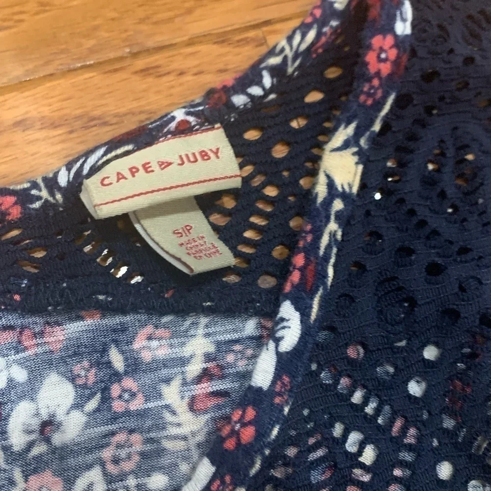 CAPE Juby Crochet Floral Blouse Blue Tassel Tie Long Sleeve Peasant Top size S